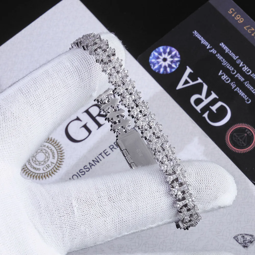 

ESKEEM 925 Silver VVS Moissanite Bracelet 8MM Iced Out Diamond Snowflake Cross Chain Pass GRA Diamond Test In Stock