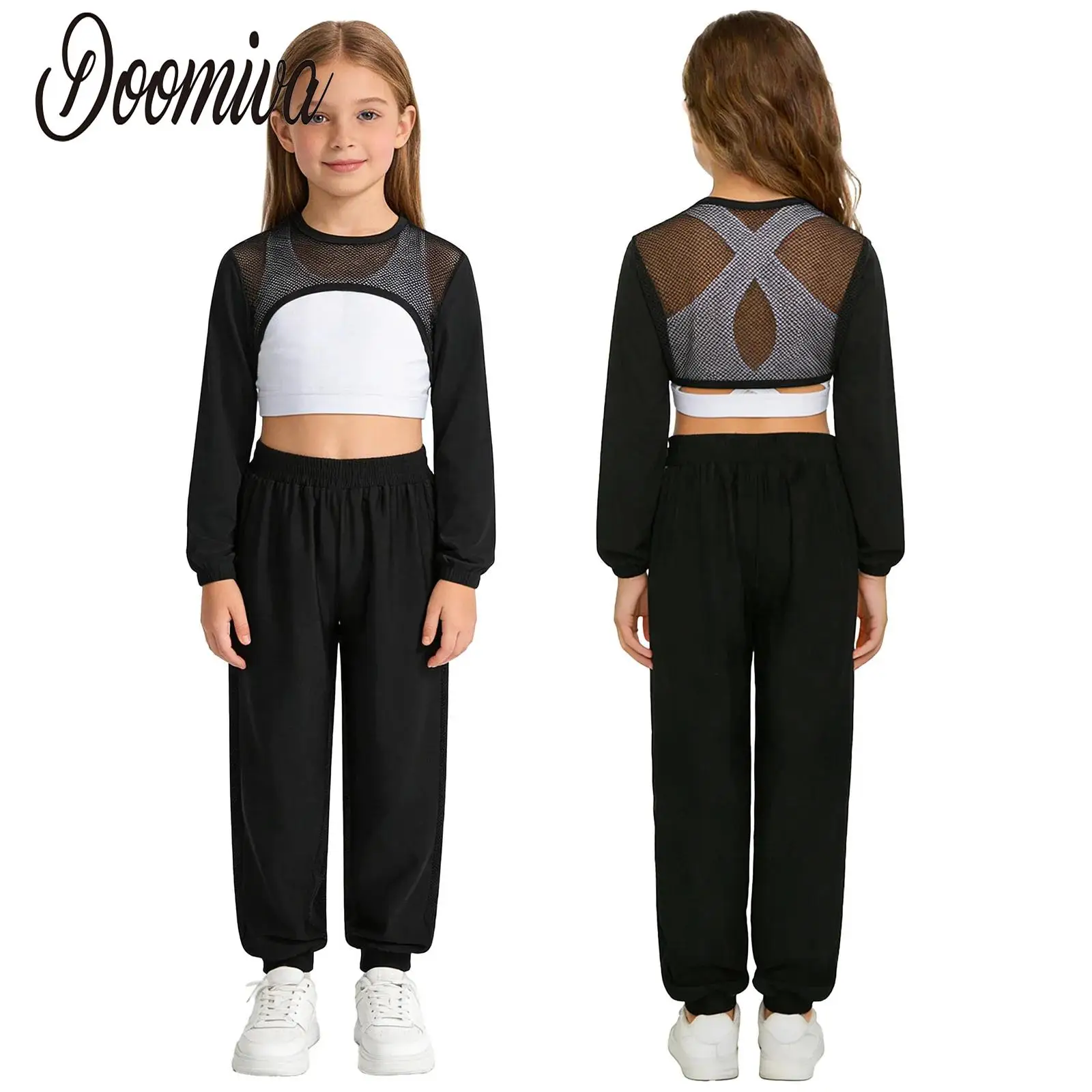 

Kids Girls Hip-Hop Street Dance Outfit Modern Cheerleader Stage Costume Set Long Sleeve Sheer Mesh Crop Top with Vest and Pants