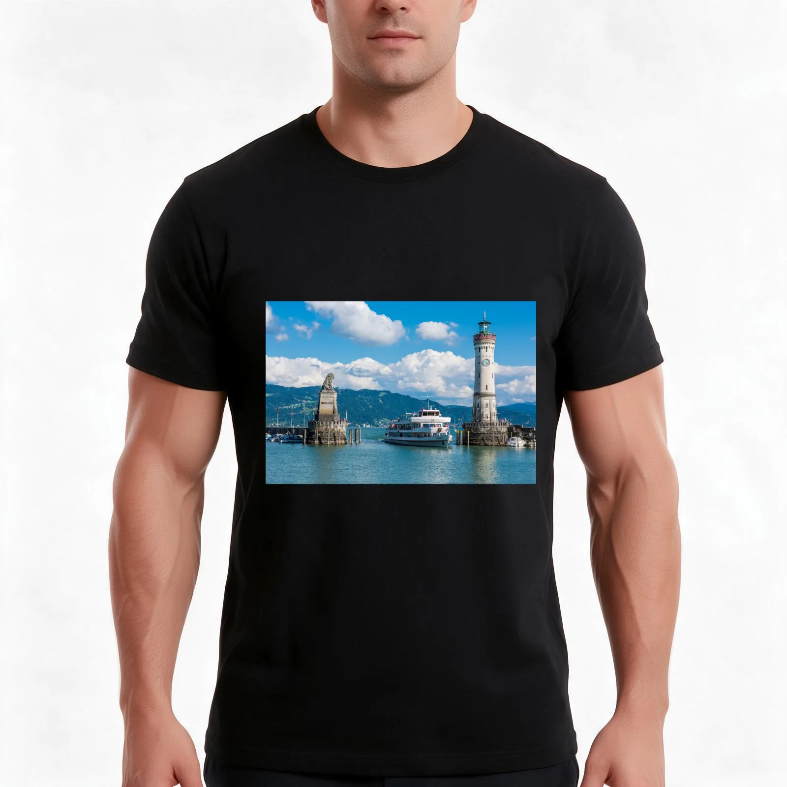 Lighthouse of Lindau at lake Constance Bodensee T-Shirt Summer Casual Cotton Tee Oversized Streetwear Tops Unisex Men Women