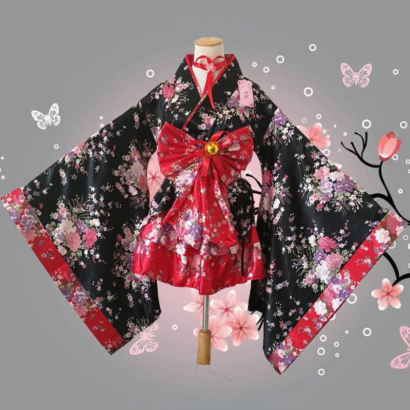 Traditional Japanese Kimono Maid Costume Kawaii Cherry Blossom Dance Dress Women Stage Performance Cosplay Party Outfit