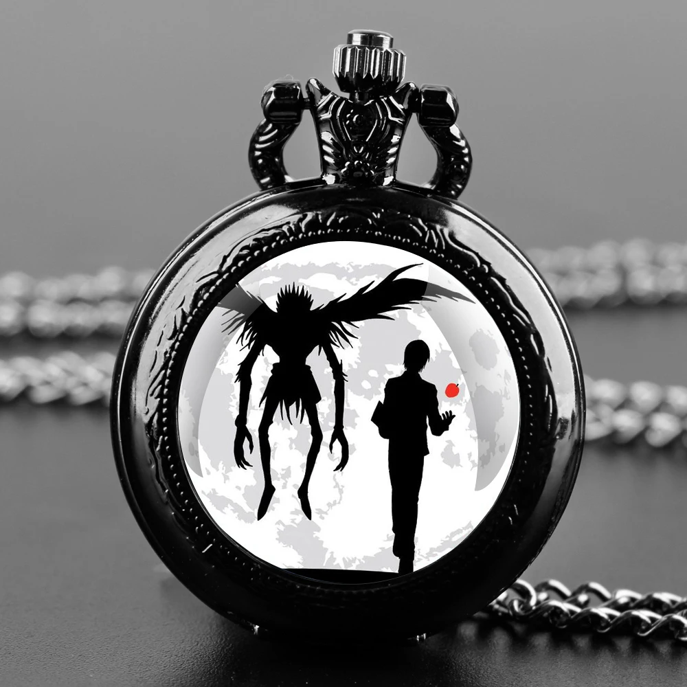 Orologio da tasca al quarzo nero con cupola in vetro Death Note con quadrante con numeri arabi e catena resistente, regalo per uomini e donne