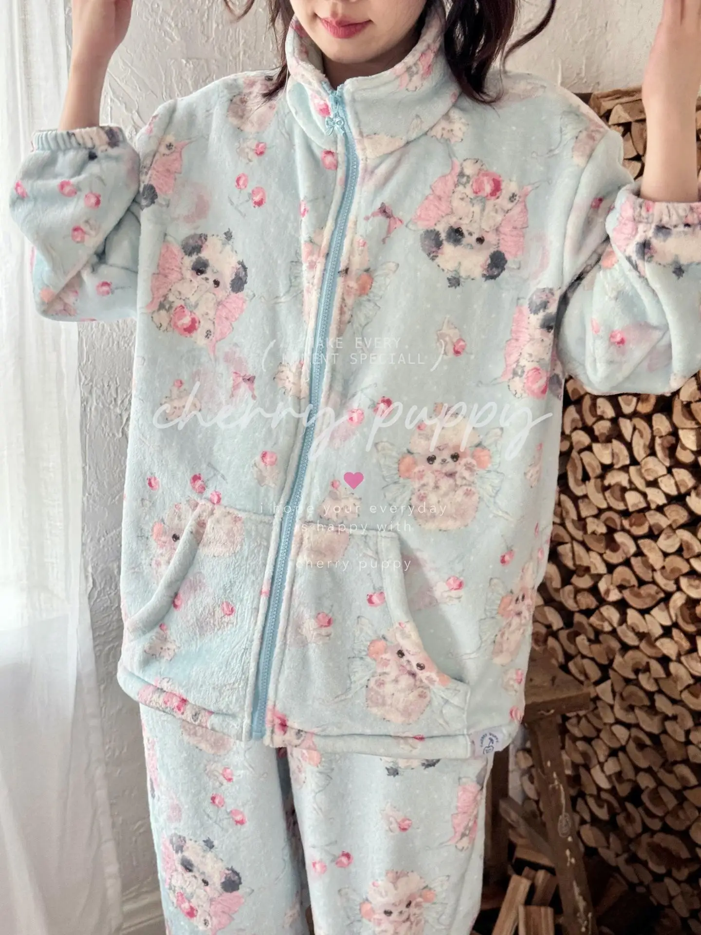 Japanese Original Flannel Cartoon Warm Pajamas Women's Autumn Winter Coral Fleece Soft Comfortable Long-sleeved Loungewear Set