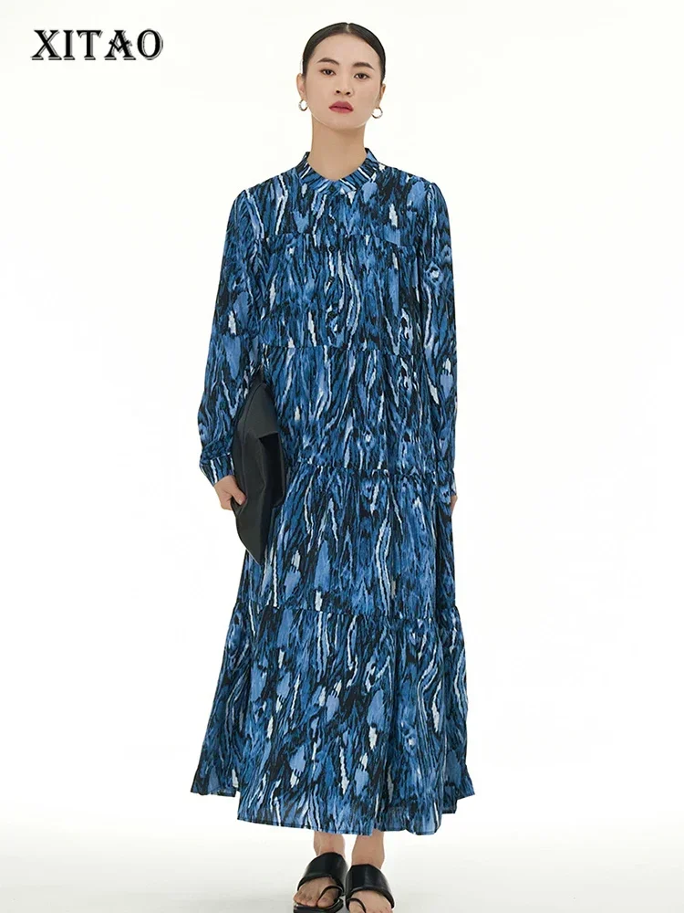 

XITAO Vintage Striped Print Dress Loose Fashion Casual Women Long Sleeve Stand Collar Pullover Shirt Dress 2025 New DMJ3643