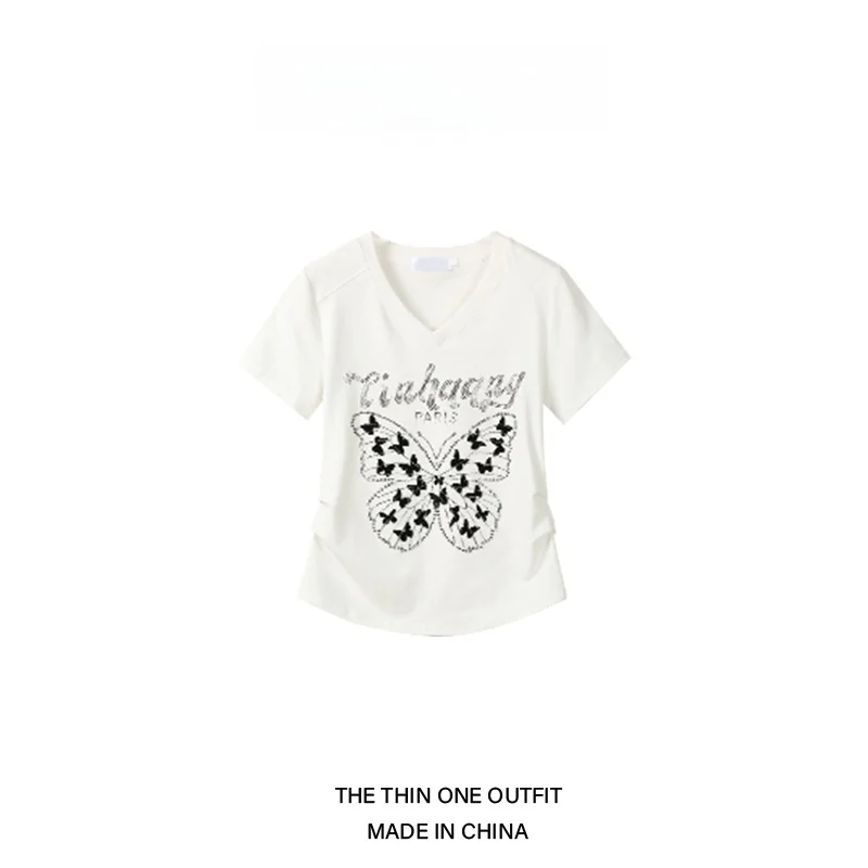 

Summer New Women's T-irt V-ne ort-sved Diamond Letter Design Creative Print Decorative Waist-cinching Top
