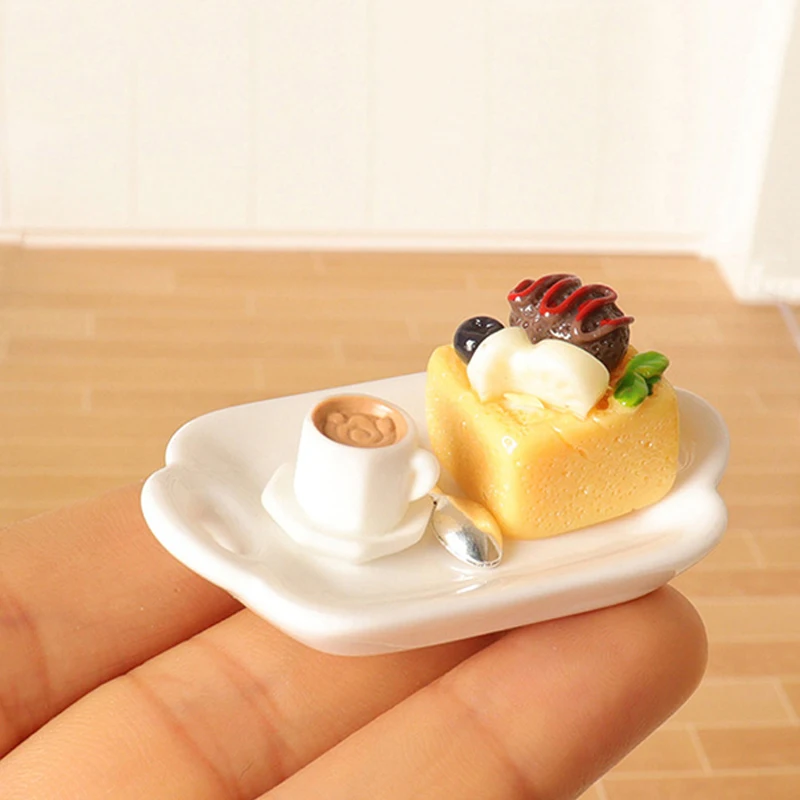 ชุดของเล่นทำอาหารจำลองสำหรับบ้านตุ๊กตา ชุดน้ำชายามบ่าย กาแฟ เค้ก ของหวาน อุปกรณ์ตกแต่งครัวบ้านตุ๊กตา ขนาด 1:12