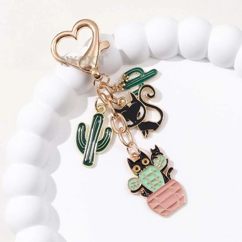 1pc Black Cat Potted Plant Cactus Enamel Keychain Cute Animals Plant Key Ring For Women Men Handmade Good Gift Jewelry