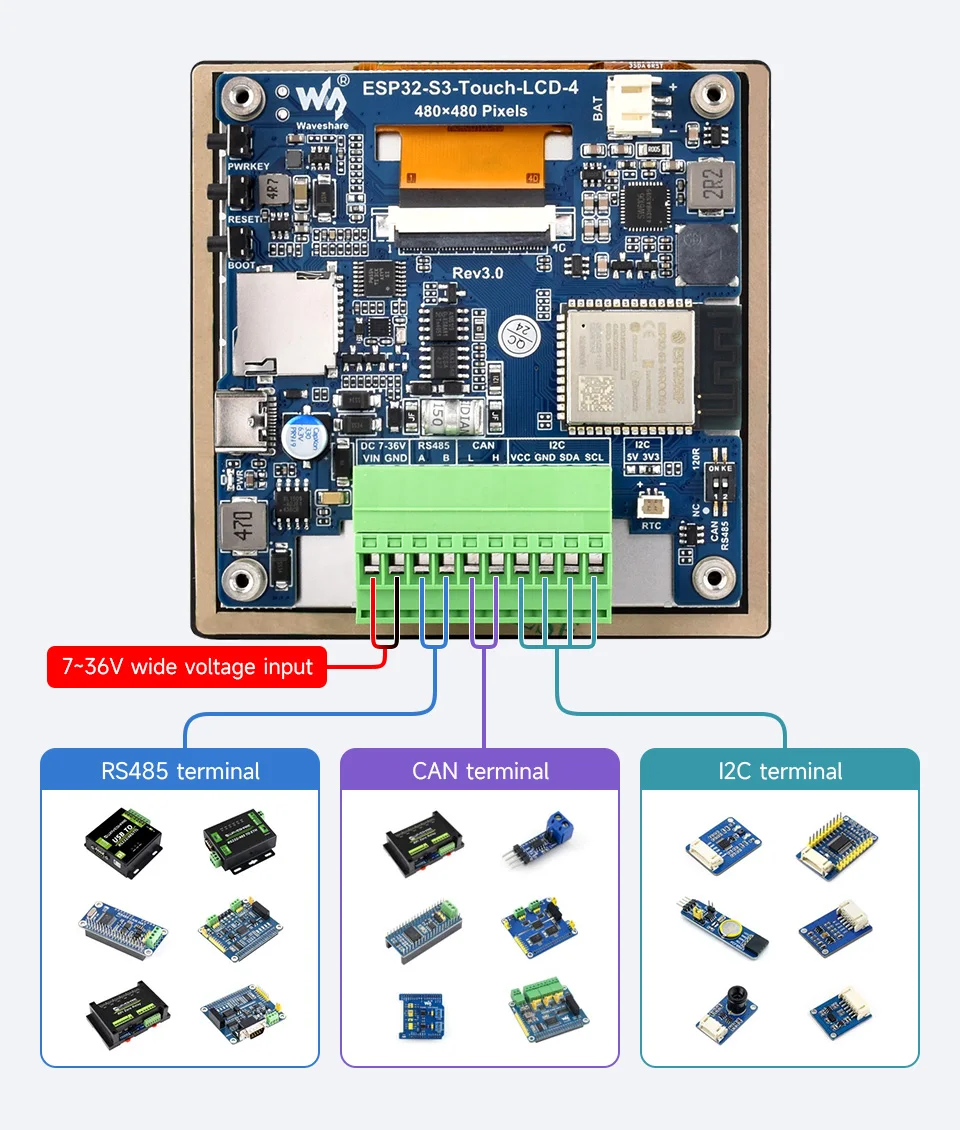 ESP32-S3 4 pouces puzzles itive Touch Display Development Board, 480 × 480, 5-Point Touch, 32-Bit LX7 touristes-Core Processor