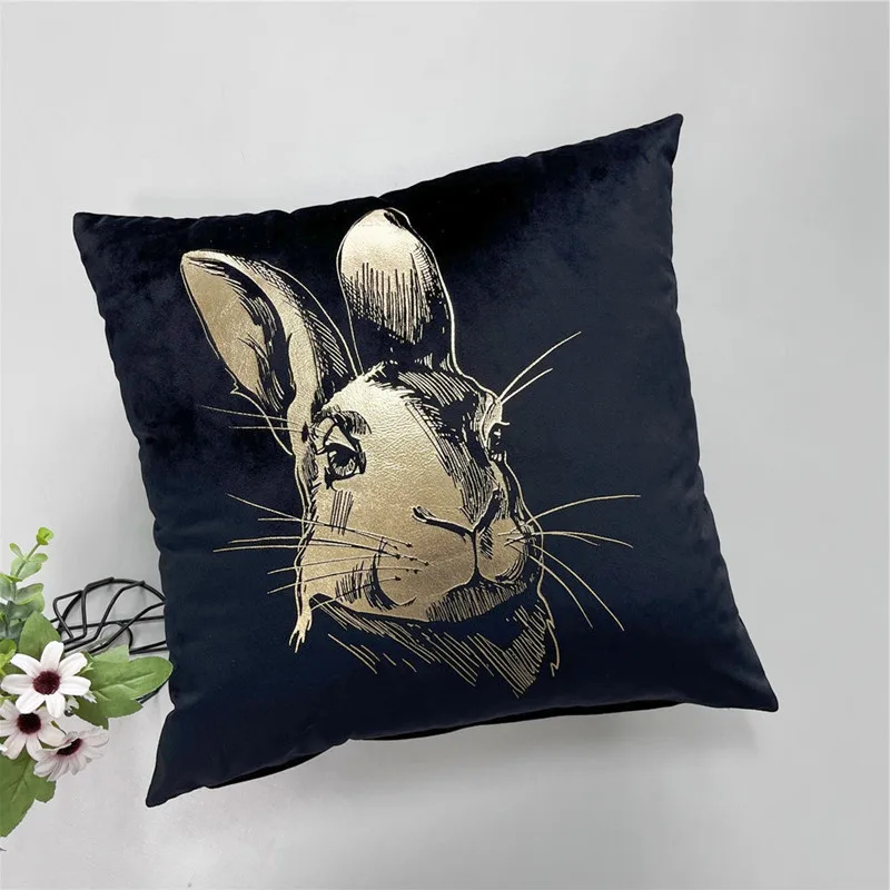 Hot Selling Rabbit Foil Printing Square Velvet Bunny Cushion Cover Gold Stamping Throw Pillowcase Easter Living Room Bedroom