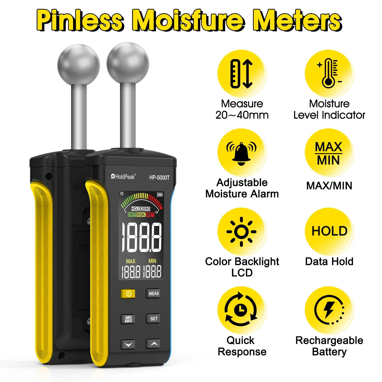 T-Needle Moisture Meter for Walls, Wood, Masonry & Concrete - LCD Color Display & Alarm, Detects Depths of 20-40mm HP-5000T