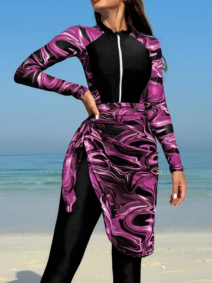 

Long Sleeve One Piece Swimsuit Women 2026 & Beach Skirt Printed Zipper Swimwear Female Bathers Bathing Swimming Swim Surf Suit