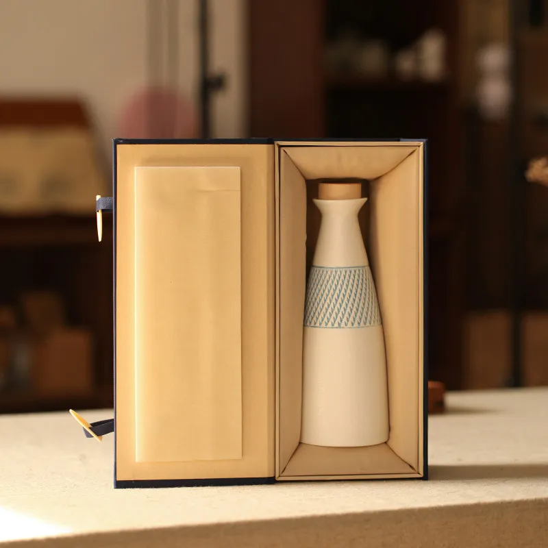 Ceramic Sake Bottle White Textured Liquor Decanter with Wooden Stopper Blue Pattern Band For Home Bar Sake Serving Table Decor view 4