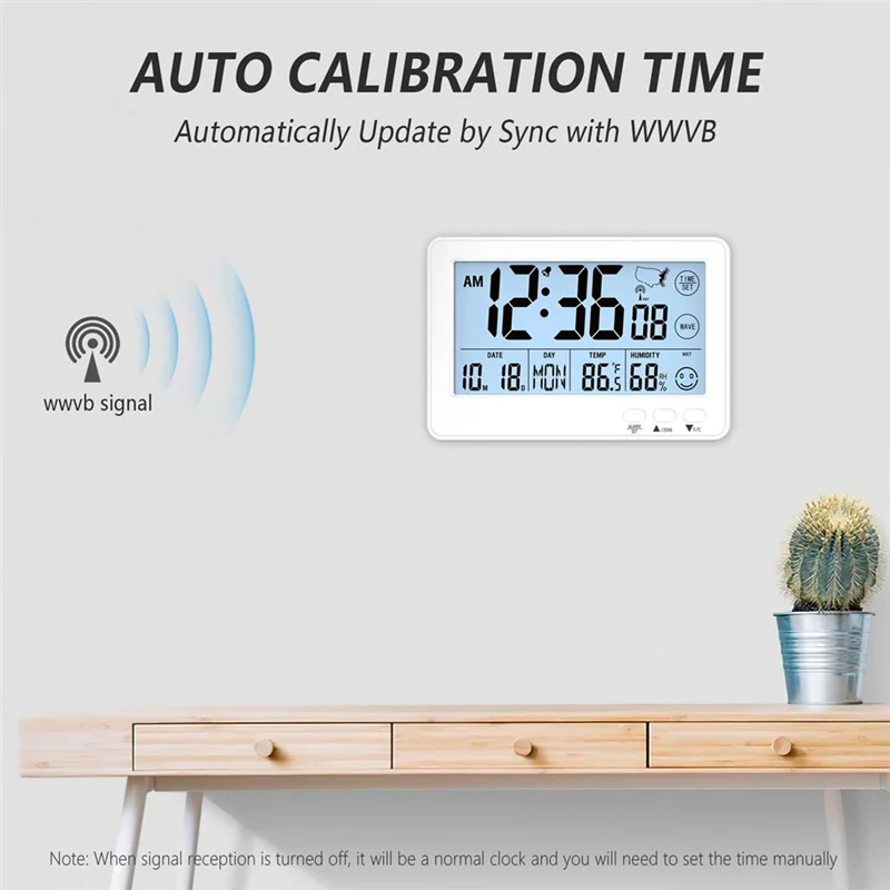 

AT63-Small Desk Automatic Alarm Clock Self-Calibrating Time And Date Display With 4 Time Zones DST Temperature,Humidity For Bedr