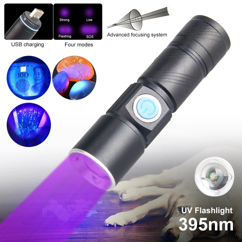 10W UV 395nm Blacklight USB Oplaadbare Zaklamp Onzichtbare Inkt Marker Hond Urine Tinea Geld Fluorescentie Zoombare Zaklamp Lamp