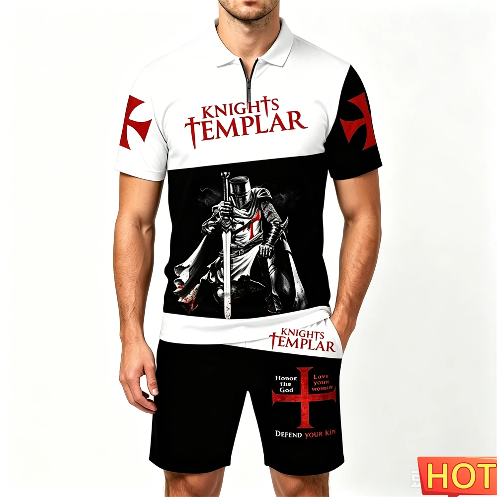 Conjuntos de Verano para Hombre, Camiseta Polo con Cierre y Estampado de Caballeros Cruzados y Pantalones Cortos, 2 Piezas, Estilo Urbano Hip Hop, Traje Casual de Manga Corta