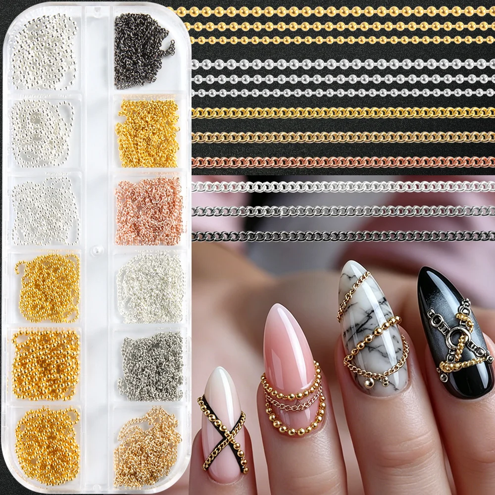 12er-Set 3D Gold Silber Dunkelgrau Roségold Nagelketten Gothic Punk Metallketten Nagelkunst-Charms Legierungsketten Maniküre Nageldekorationen