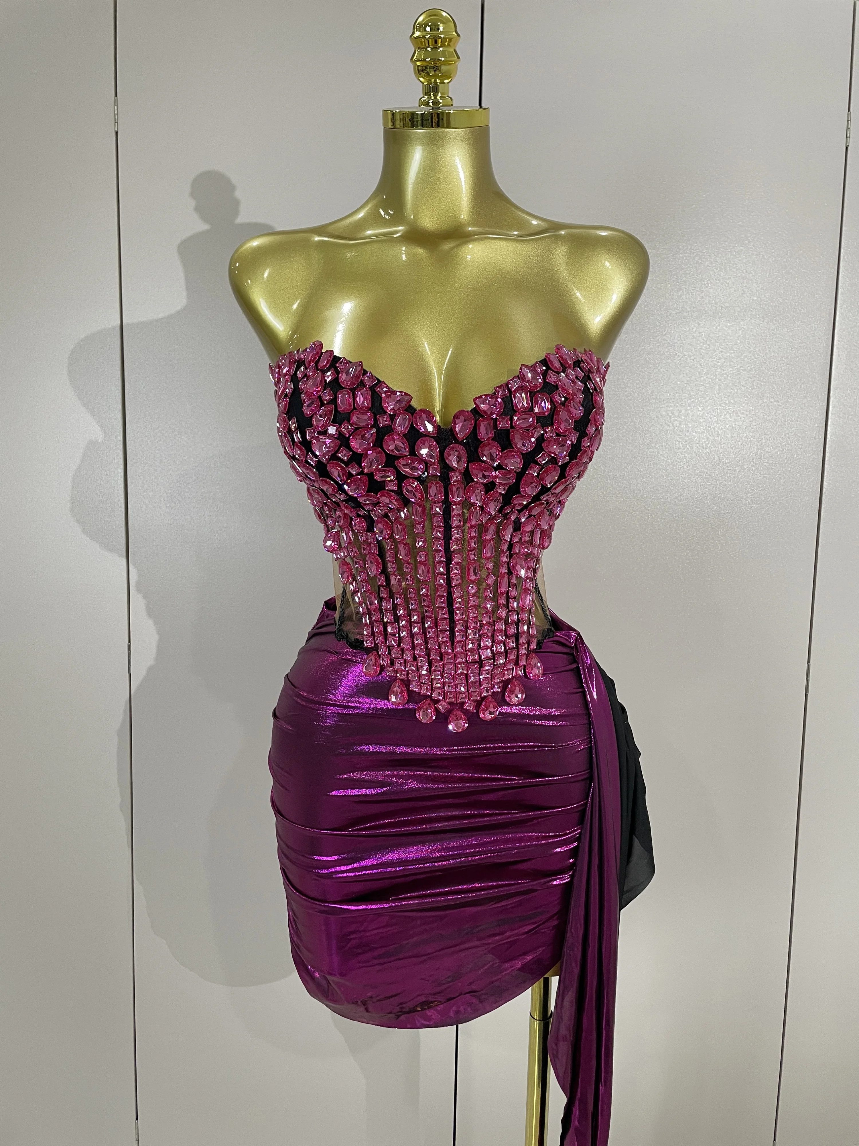 Women Sparkly Diamonds Crystals Mesh Short Two Pieces Set Dress Luxury Birthday Party Celebration Sexy Stage Nightclub Outfit
