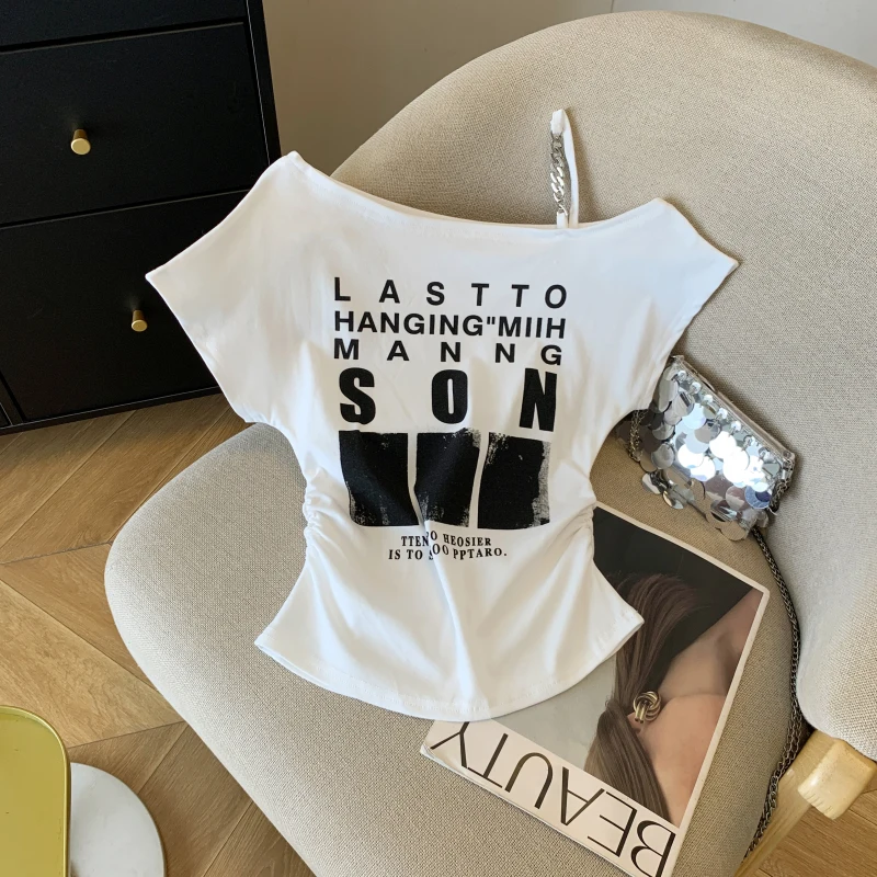 

Hot Girl Off-Shoulder Short-sleeved T-shirt Women's Irregular Letter Printing Unique Slimming Off-shoulder Top