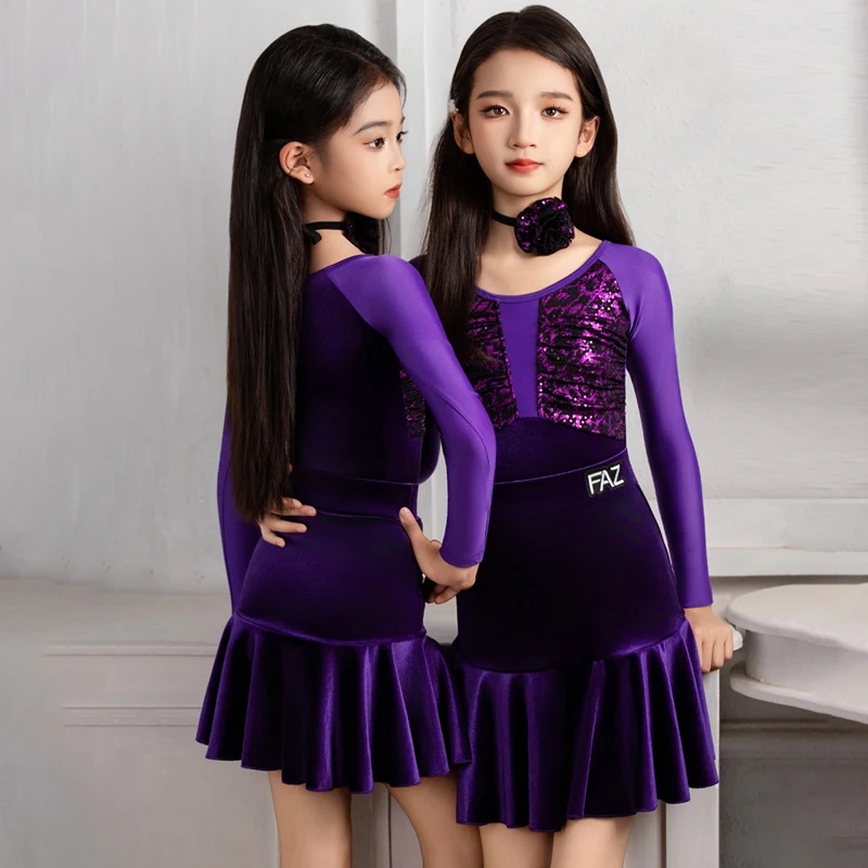 

Children Samba Latin Dance Competition Costume Fashion Purple Latin Dance Fringed Dress Kids Chacha Latin Dance Suit