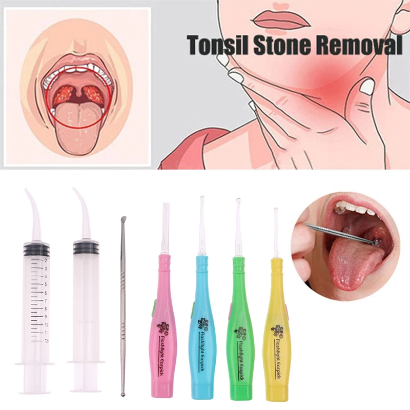 Tonsil Stone Remover Tools Led Light Ear Wax Remover Stainless Steel Earpick with Tips Irrigator Syringe Clean Care Tool