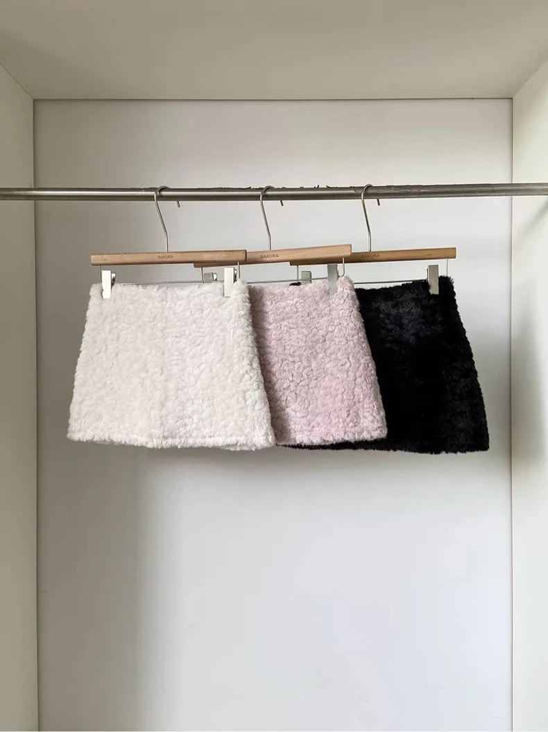 Women's Autumn Winter Cute Faux Wool A Line Short Skirt Lady Solid Color High Waist Faux Fur Fluffy Mini Skirt