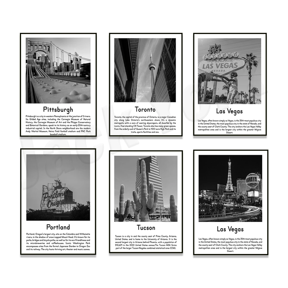 Tucson, West Memphis, Jacksonville, Pittsburgh, Toronto, Sacramento, Portland, Washington DC black and white travel city posters