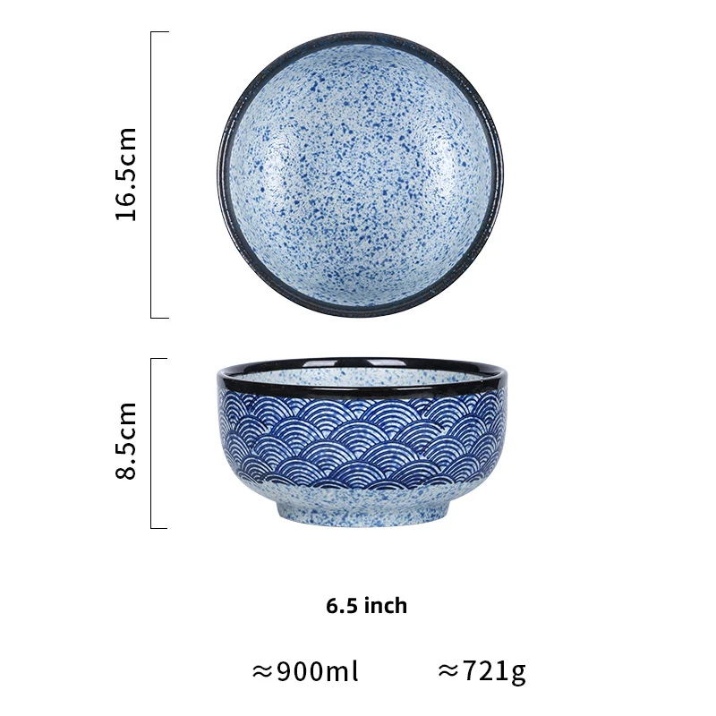 Japanese Blue Edo Wave Ripple Noodle Bowl Restaurant Ceramic Creative Hand Painted Commercial Soup Ramen Noodles Rice Bowl