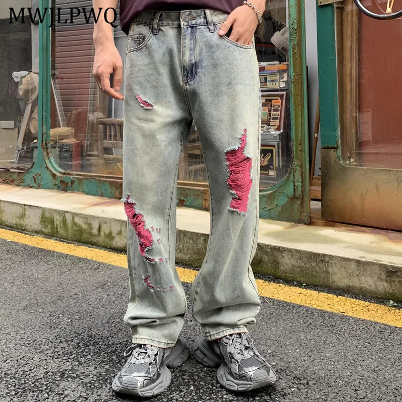 

MWJLPWQ Unique Pink Ripped Design Jeans For Men Summer Thin American Style Street Loose Straight Casual Pants New Fashion 11390
