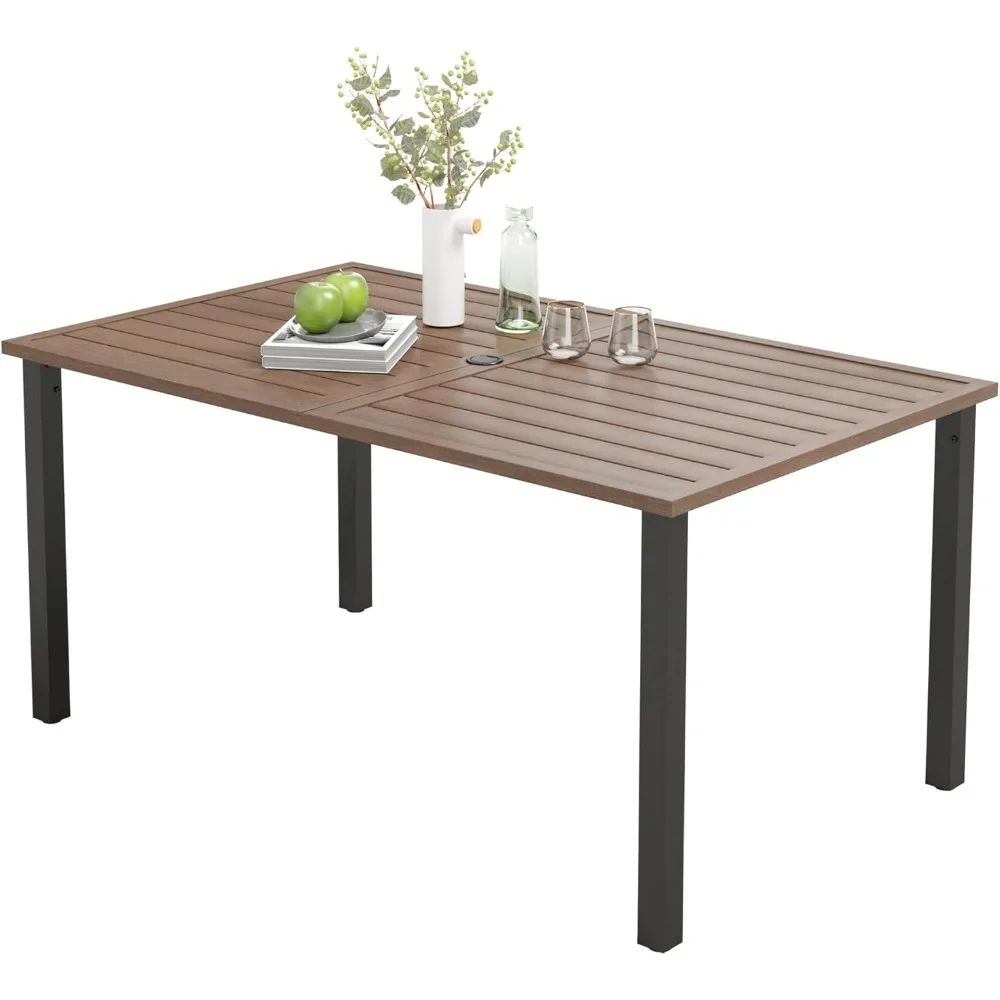 

6-местный обеденный стол для патио на открытом воздухе с отверстием для зонта, прямоугольный металлический стол для сада, заднего двора и крыльца