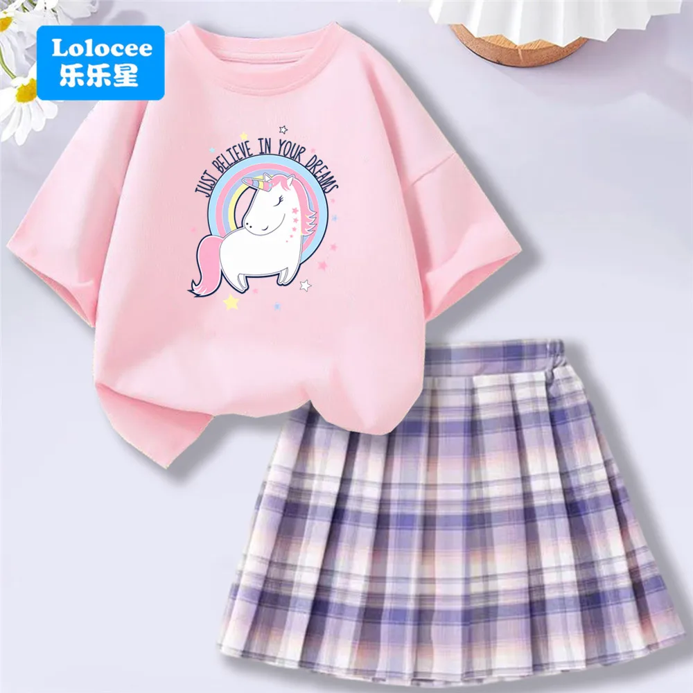 Einhorn Traum Kinder Kleidung Mädchen Set Baumwolle Top Kinder Sommer Plaid Rock JK Kleid Studenten Outfit