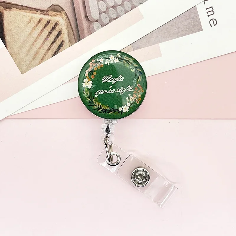 1 Piece Portable Retractable Badge Reel Retro Floral ID Name Card Holder for Worker Student Easy To Pull Buckle Office Supplies