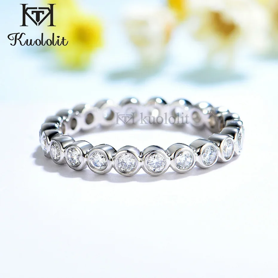 Kuololit 585 14K 10K White Gold Bubble Ring for Women Bezel Set Moissanite Solitaire Ring Matching Full Eternity Wedding Band