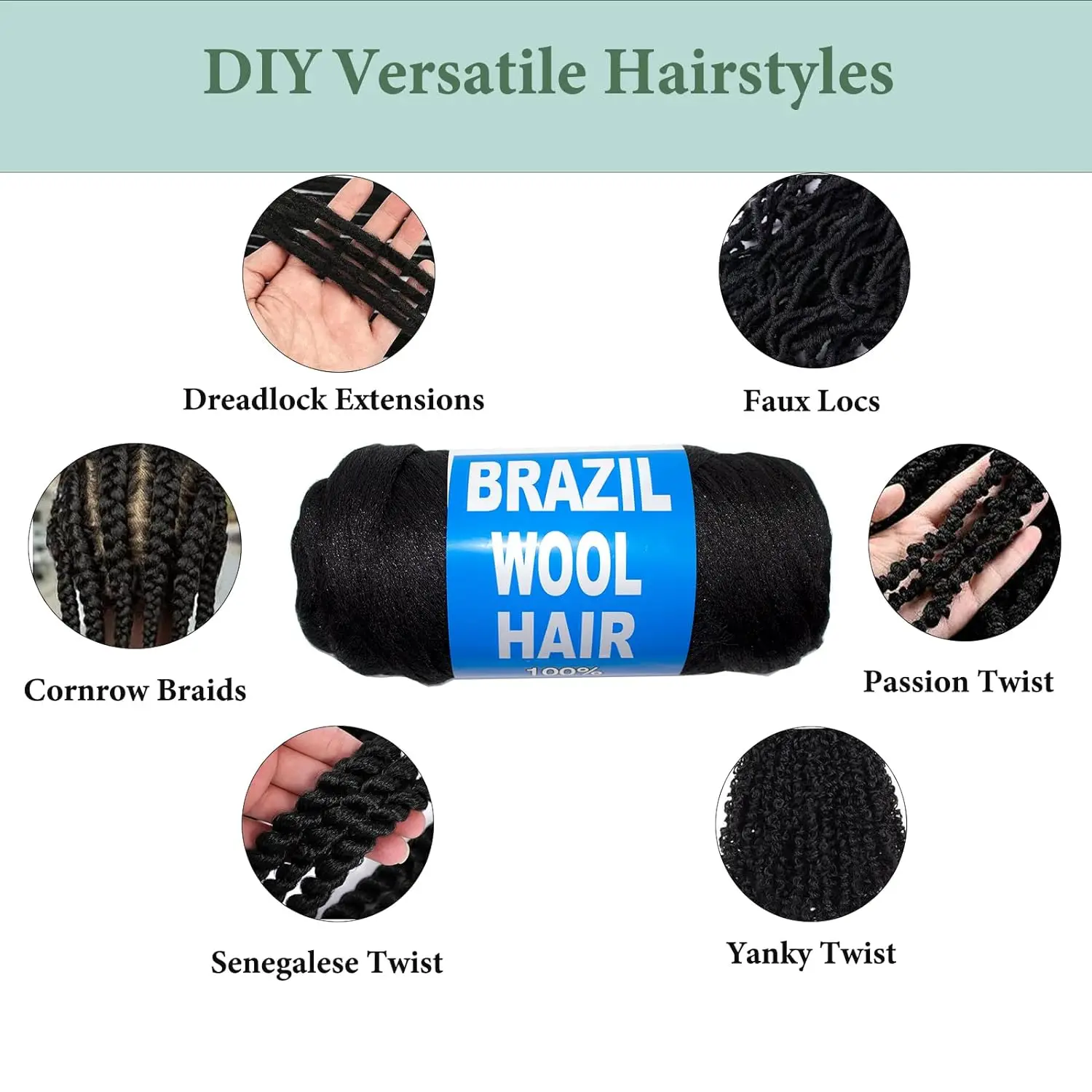 2/3/5/12pc Brazilian Wool Hair Synthetic Crochet Hair Extensions for Women African Hair Yarn for Natural Black, Jumbo Braids ﻿ image 5