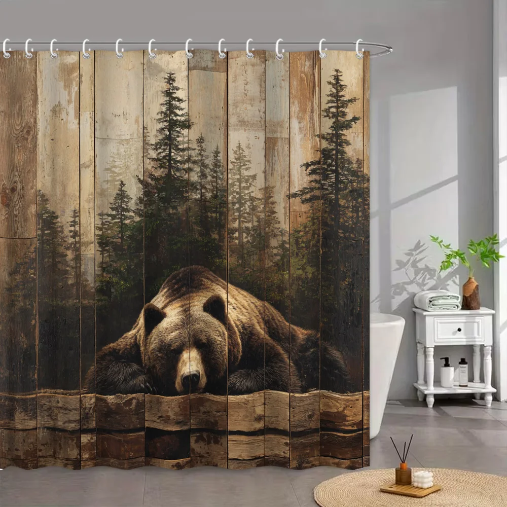 1pc Forest Bear Shower Curtain with Grizzly Bear & Wooded Woods Design - 70.8
