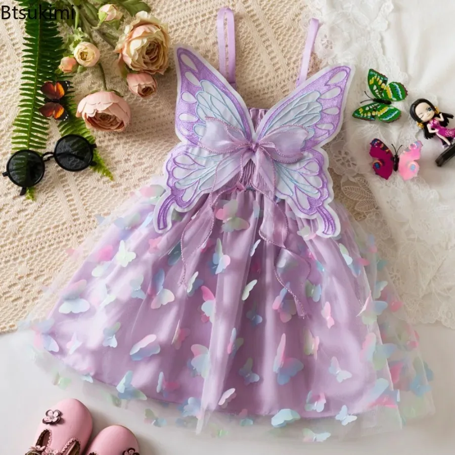 Girl Party Princess Dress Summer  Fairy Butterfly Wings Sleeveless Tulle Sling Dress Fashion Girls Cute Butterfly Ribbon Dresses