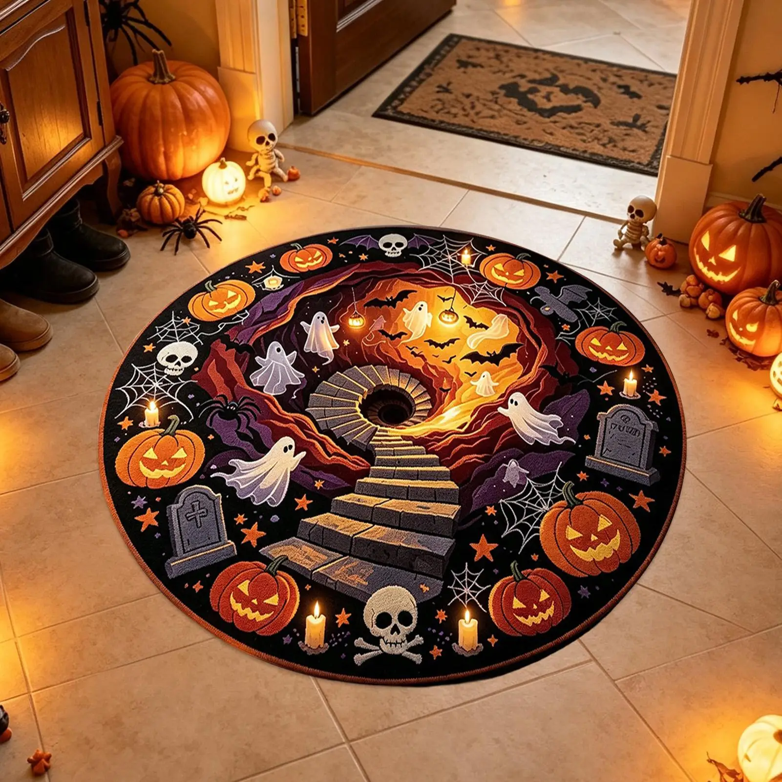 Halloween Rug 60x60cm Anti-Slip Optical Illusion Seasonal Doormat Round Festive Entrance Mat for Homeowners Dwellers Renters