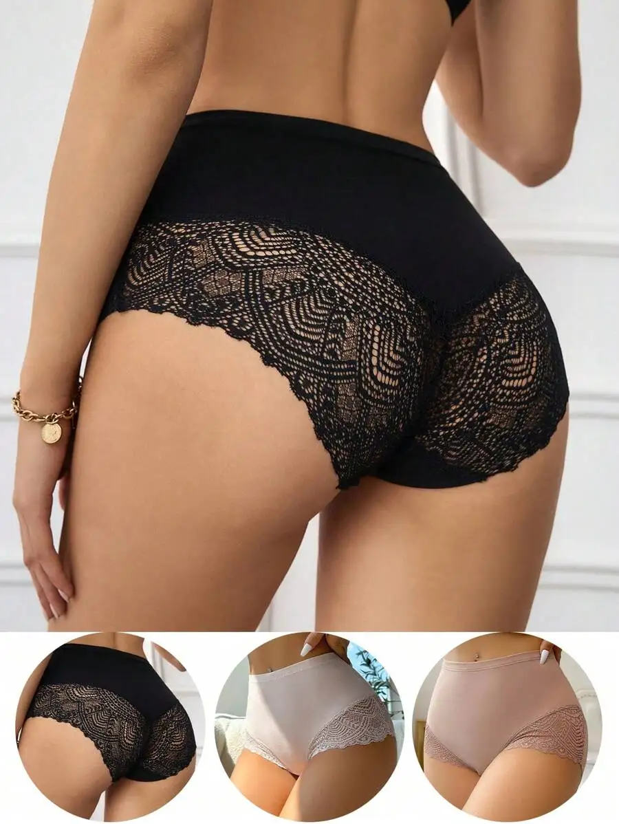 

Womens 3pcs Solid Color Lace Trim Triangle Panties