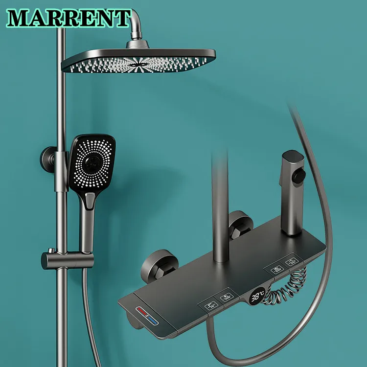 

Brass Digital Piano Shower Set Hot Cold Waterfall Bathroom Mixer Tap Luxury Grey Bathroom Fixture Thermostatic Shower System