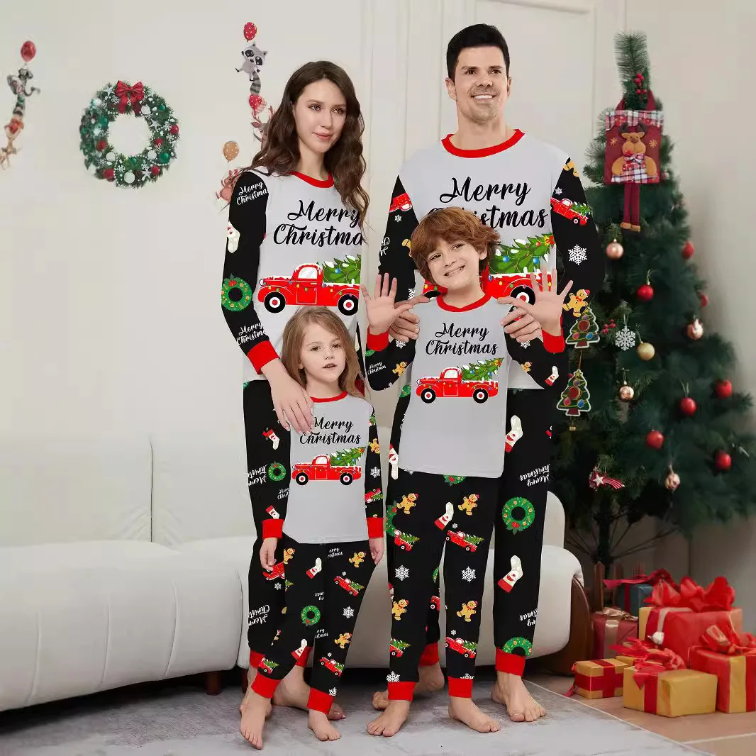 Christmas parent-child outfit  United States  Christmas tree car print home dress round neck tie long sleeve trousers pajamas