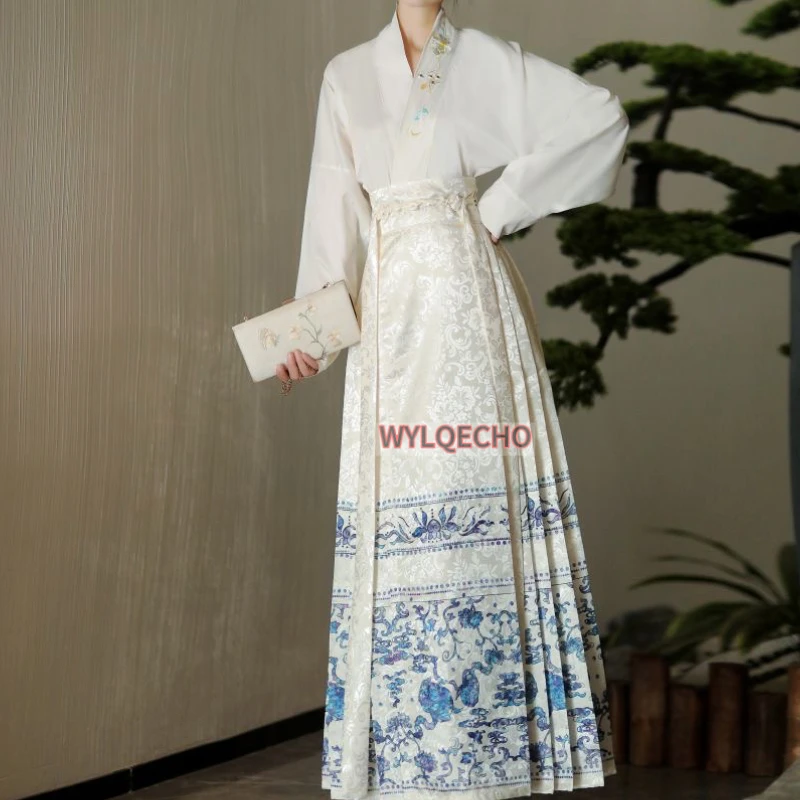 

Improved National Style Horse Face Skirt Women's Daily Commuting White Mamianqun New Chinese Retro Tie Up Hanfu Fashion Dress