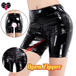 Vrouw Latex Open Kruis Shorts Flash Lederen Verborgen Rits Leggings Uitgehold Crotchless Broek Buiten Seks Sport Pu Slipje