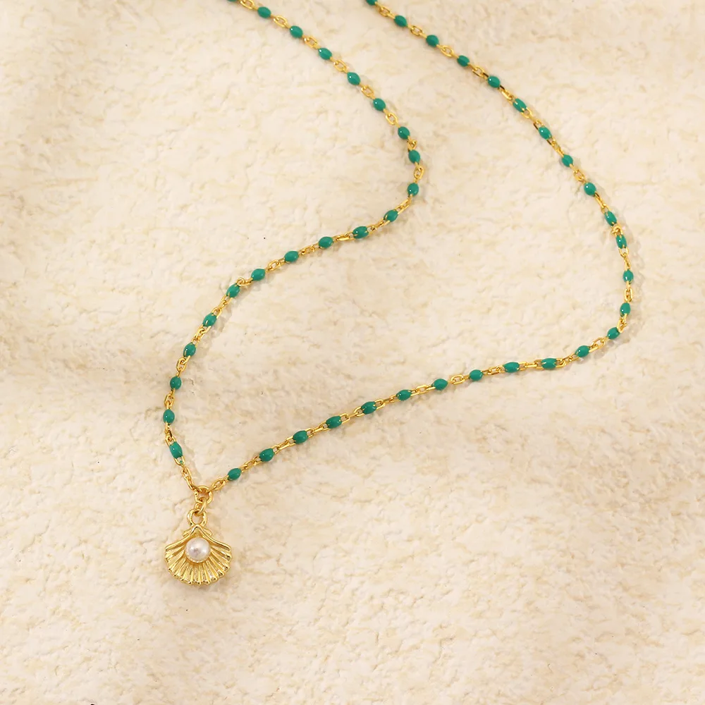 CCFJOYAS European and American Light Luxury 925 Sterling Silver Shell Pearl Pendant Necklace Women Green Enamel Chain Necklace