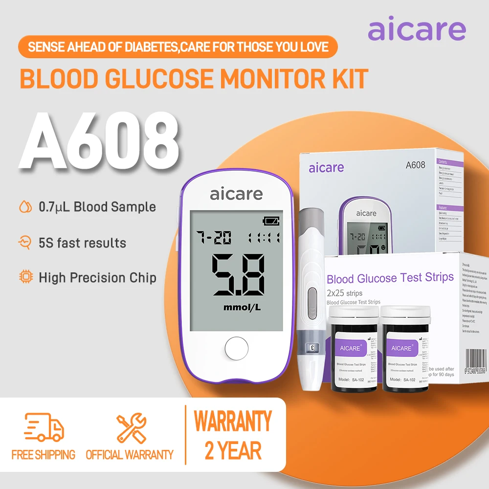 Image of Aicare Blutzuckermessgerät Blutzuckertestkit Diabetes-Heimglukometer mit 50/100/200 Stück Teststreifen und Lanzetten 0,6μL Probe