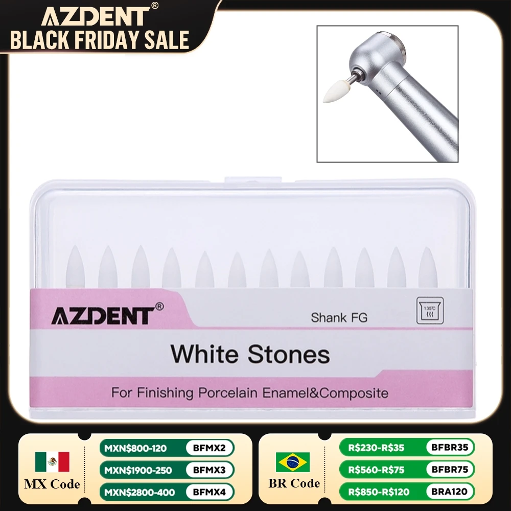 12PCS/Box Dental White Stone Polishing Polisher AZDENT White Sandstone Grinding Head FG Drills Flame Cone Round Shape Dentistry