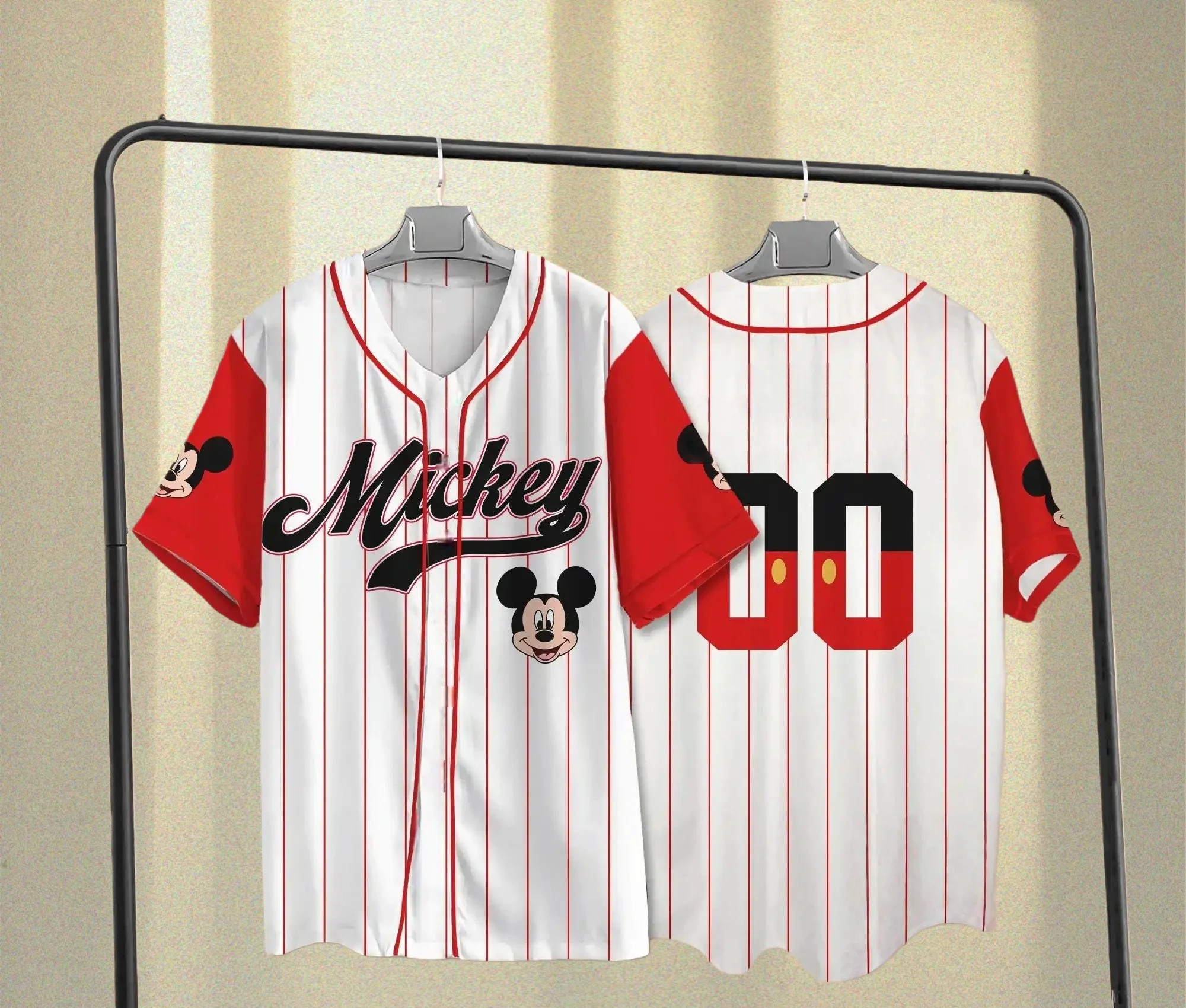 Camiseta de Verão Estilo Baseball com Impressão 3D do Mickey Mouse e Amigos, Secagem Rápida, Manga Curta, Estilo Street Wear, Decote em V