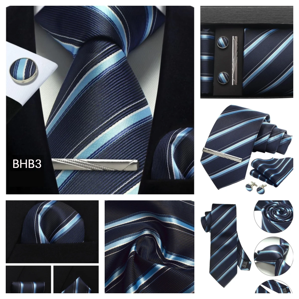 Klassische Herrenkrawatten aus 100 % Seide in Geschenkbox, 8 cm, kariert, gepunktet, gestreift, Business-Krawatte, Einstecktuch, Manschettenknöpfe, Hochzeitskrawatten-Set – Detail 18