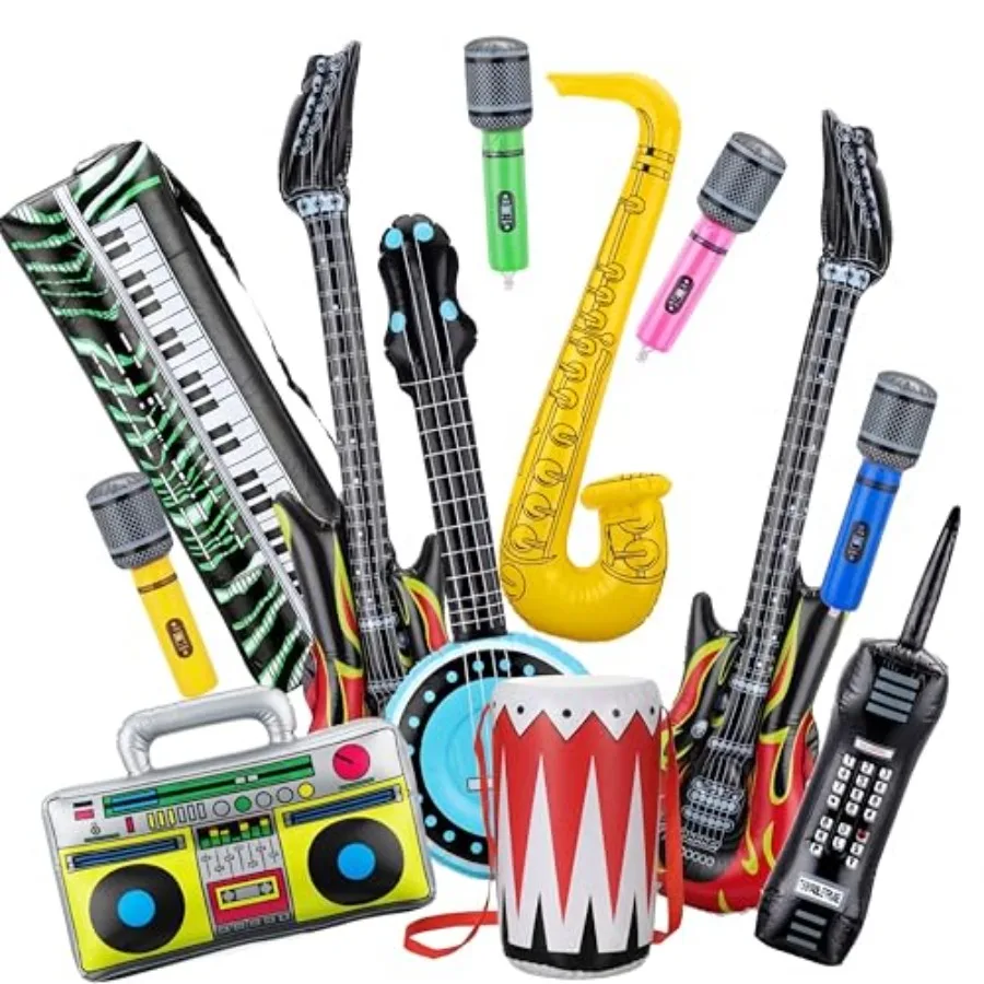 12 Pieces Inflatable Instruments Party Props Rock Star Toy Set Blow Up Guitars Inflatable Saxophone Bass Lute Microphones Mobil