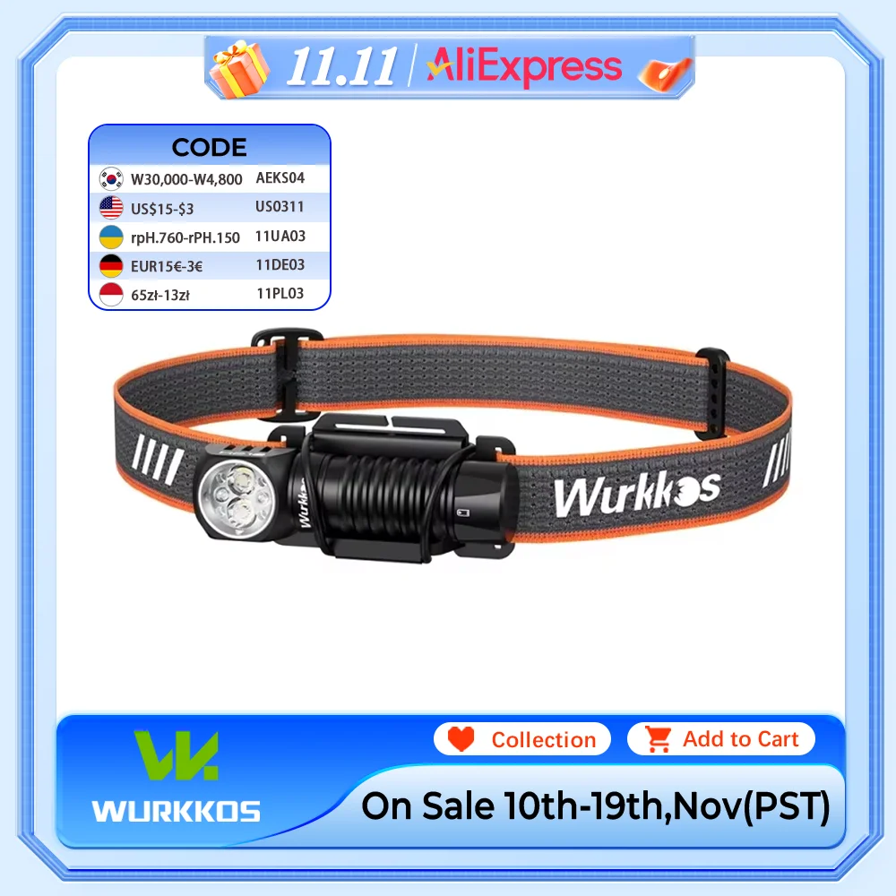 

Wurkkos HD12 850 Lumens Rechargeable 14500/AA Headlamp with Red Light Flashlight with Magnet Tail for Camping Hiking Fishing