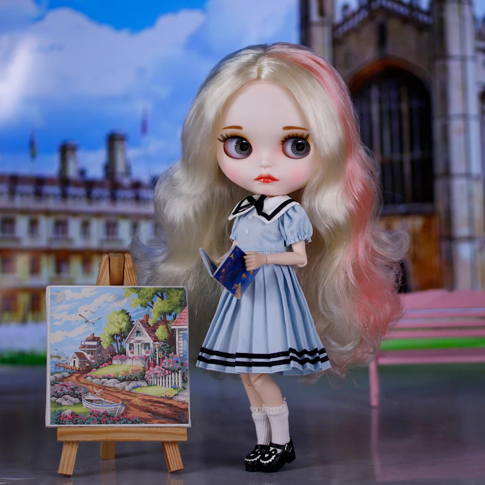 

ICY DBS Blyth Doll 30cm Blond Hairv Fair Skin Matte Face Sweet Blue Dress Pleated Skirt 19 Joints Doll Girls Festival Gifts