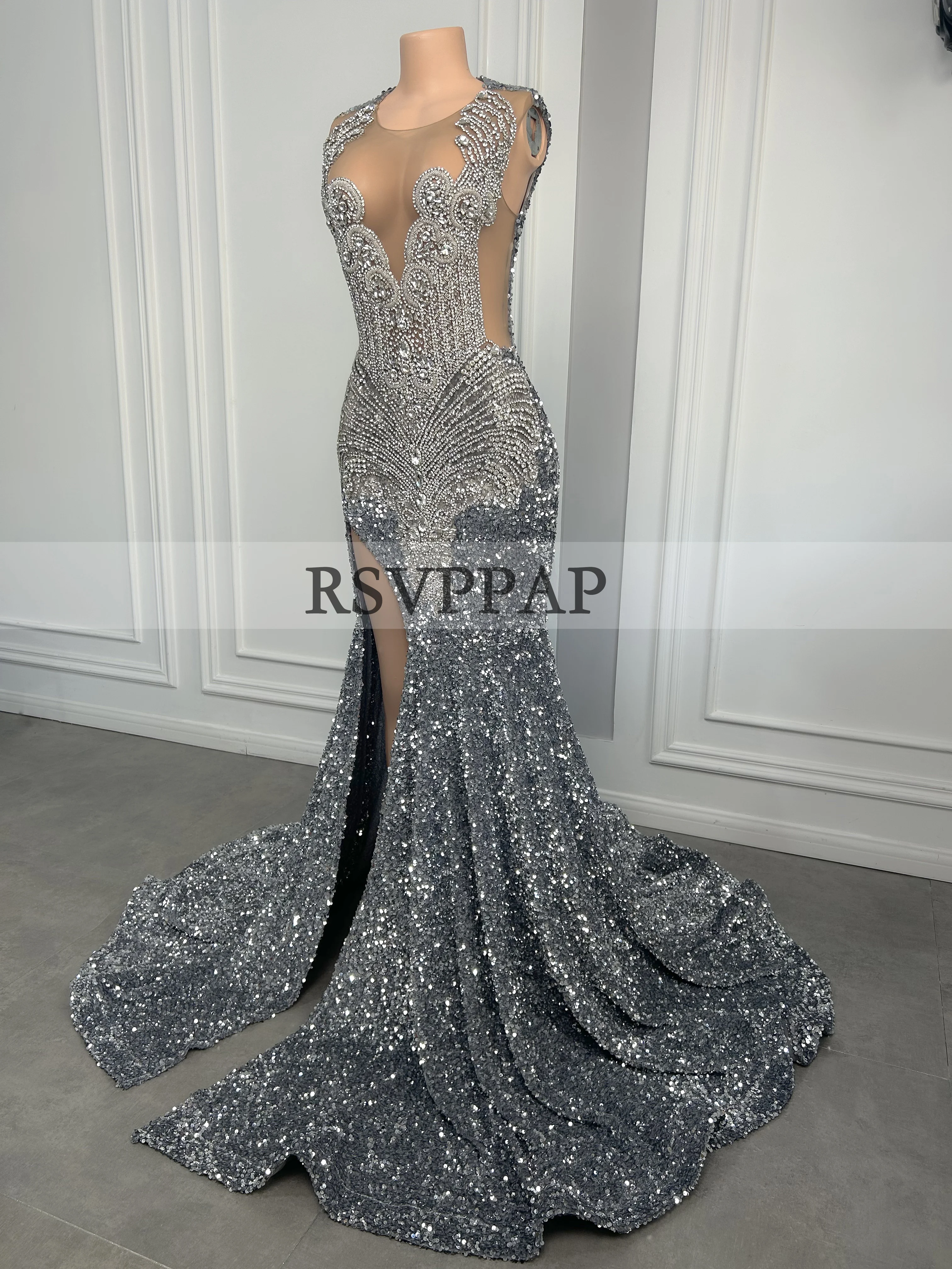 Long Sparkly Prom Dresses 2026 Sexy High Slit Luxury Diamond Silver Sequin Black Girls Mermaid Prom Dress