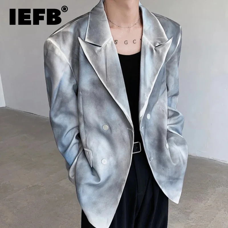 IEFB Autumn Korean Chic Men\'s Blazer Hand-painted Dirty Double-breasted Shoulder-padded Suit Jacket Handsome Man 2024 New 9C6968